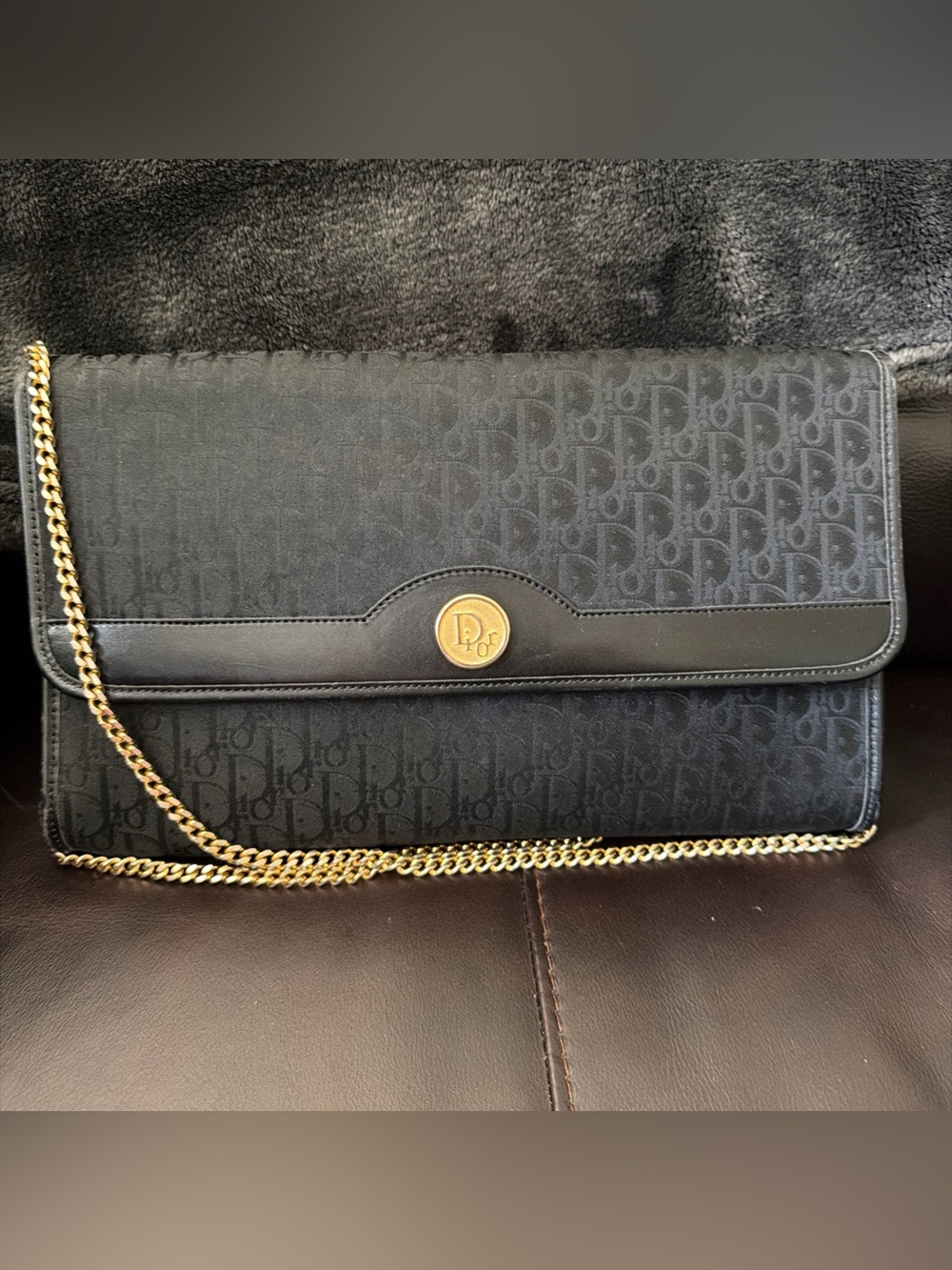 Dior Black Trotter Monogram Clutch with Gold Chain and Logo Button